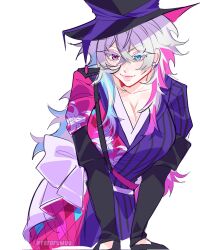 1girl alternate_hair_length alternate_hairstyle argyle_clothes argyle_coat blue_eyes blue_hair breasts cleavage coat colored_eyelashes commentary english_commentary eyelashes flipped_hair gavis_bettel gavis_bettel_(1st_costume) genderswap genderswap_(mtf) gloves grey_hair hair_between_eyes hat heterochromia highres holostars holostars_english large_breasts leaning_forward long_hair looking_at_viewer multicolored_coat multicolored_hair pink_eyes pink_hair pink_lips purple_ribbon rararuwuu ribbon simple_background smile solo striped_coat top_hat twitter_username vertical-striped_coat virtual_youtuber