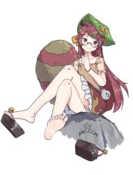 1girl :3 barefoot brown_eyes brown_hair crossed_legs feet futatsuiwa_mamizou geta glasses kingdom_(user_ysav4824) long_hair looking_at_viewer panties pantyshot raccoon_tail shoes soles tail toes touhou underwear unworn_shoes