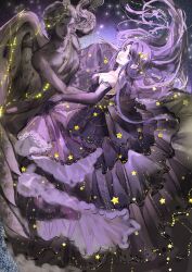 Rule 34 | 1girl, absurdres, bare shoulders, closed mouth, dancing, dress, elbow gloves, eyelashes, floating hair, full body, gloves, gown, hair floating upwards, hair ornament, happy, highres, lace, lace-trimmed gloves, lace trim, long dress, long hair, looking at object, nikki (series), purple dress, purple eyes, purple gloves, purple hair, qingxu, shirt, skirt hold, smile, space, star (symbol), star hair ornament, star sea (nikki), statue, strapless, strapless shirt, very long hair