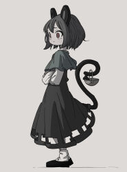 1girl :/ absurdres animal_ears black_shoes capelet closed_mouth crossed_arms dress expressionless from_side full_body grey_background grey_capelet grey_dress grey_hair highres long_sleeves medium_hair mouse_(animal) mouse_ears mouse_girl mouse_tail nazrin red_eyes shoes socks solo tail touhou uzou_(uzooooooooo) white_sleeves white_socks