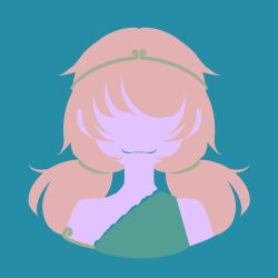 Rule 34 | 1girl, blue background, character request, check character, cropped torso, facing viewer, flat color, highres, limited palette, maskin mei, minimalism, no eyes, no lineart, portrait, silhouette, simple background, single bare shoulder, smile, solo, son biten, touhou, twintails