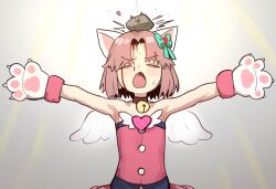 1girl =_= absurdres animal_ears animal_hands bare_shoulders bell blood blood_on_face bow cat_ears closed_eyes collar commentary ebora english_commentary facing_viewer fang flat_chest gloves hair_bow highres injury moneko_(nyanko_daisensou) neck_bell nyanko_daisensou open_mouth outstretched_arms parted_lips paw_gloves pink_hair pink_shirt rock shirt short_hair solo spread_arms strapless strapless_shirt sweatdrop upper_body wings
