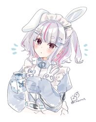 1girl animal_ears apron bendy_straw blush commentary_request cropped_torso drinking_straw frilled_apron frills grey_hair grey_jacket hair_ornament hairclip highres holding_carton jacket jersey_maid long_sleeves looking_at_viewer maid maid_headdress milk_carton multicolored_hair notice_lines parted_lips pink_hair puffy_long_sleeves puffy_sleeves rabbit_ears rabbit_hair_ornament red_eyes rino_cnc short_eyebrows simple_background sleeves_past_wrists solo streaked_hair thick_eyebrows tosaki_mimi track_jacket twitter_username two-tone_hair unconventional_maid upper_body virtual_youtuber vspo! white_apron white_background