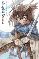 1girl absurdres adapted_costume arknights blue_scarf brown_eyes brown_hair crossed_arms feather_hair glasses hair_between_eyes highres holding holding_sword holding_weapon jewelry ring round_eyewear scarf short_hair short_sword silence_(arknights) solo staff sword the_lord_of_the_rings the_one_ring tolkien&#039;s_legendarium tolkien&#039;s_legendarium weapon zhengqi_zhizi_sg