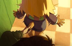 1girl 1other absurdres aoncyth blonde_hair brown_fur checkered_floor deer_tail deltarune furry furry_female hallway highres kris_(deltarune) locker lower_body noelle_holiday reindeer_girl short_tail skirt surprised tail tail_grab
