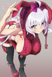 1girl ahoge animal_ears animal_hood black_panties black_thighhighs blush breasts closed_mouth dress fake_animal_ears fake_tail full_body grey_background hanging_breasts hood large_breasts leaning_forward leg_ribbon long_hair looking_at_viewer panties purple_eyes rabbit_ears rabbit_hood rabbit_tail red_ribbon red_shoes ribbon senki_zesshou_symphogear shoes sideless_outfit simple_background solo sweater sweater_dress tail thighhighs uganda_(ugandam_00) underwear virgin_killer_sweater white_hair yukine_chris