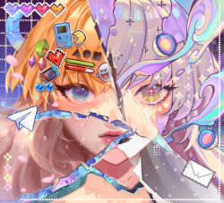2girls black_lips blonde_hair blue_eyes boo_(mario) colored_skin commentary crack dual_persona english_commentary falling_petals foundation_logo gradient_eyes green_eyes grey_eyes grey_hair heart_sticker leaf light_purple_hair lips long_hair looking_at_viewer lower_teeth_only mario_(series) multicolored_eyes multiple_girls nintendo nintendo_switch orange_sekaii original pac-man pac-man_(game) paper_airplane parted_lips petals pink_lips portrait split_theme star-shaped_pupils star_(symbol) symbol-shaped_pupils teeth white_skin