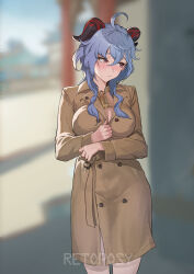 1girl ahoge artist_name bell blue_hair blush breasts cleavage coat covered_erect_nipples ganyu_(genshin_impact) genshin_impact hair_between_eyes highres horns long_hair looking_to_the_side naked_coat neck_bell paid_reward_available red_eyes retoposy solo sweat