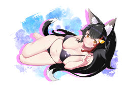 1girl animal_ear_fluff animal_ears barefoot bikini black_bikini black_hair breasts cleavage closed_mouth commentary_request full_body grey_hair hair_between_eyes hair_ornament highres hololive kani_bonara large_breasts long_hair lying multicolored_hair navel on_side ookami_mio red_hair sidelocks smile solo streaked_hair swimsuit tail virtual_youtuber white_hair wolf_ears wolf_girl wolf_tail yellow_eyes