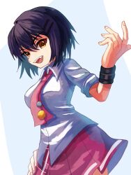 beckoning black_hair collared_shirt fang gauntlets highres kure_kirika looking_at_viewer mahou_shoujo_madoka_magica mahou_shoujo_madoka_magica_magia_exedra medium_hair miniskirt orange_eyes plusplushm red_skirt school_uniform shirt single_gauntlet skirt white_shirt