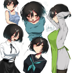2girls :d apron arm_under_breasts black_serafuku blue_shirt blush breasts collared_shirt cropped_torso disembodied_head double-parted_bangs dress_shirt green_apron grey_sweater hair_tie_in_mouth heart highres itsuki_(toya_0321) large_breasts laughing looking_up mouth_hold multiple_girls multiple_views neck_ribbon open_mouth original ribbon school_uniform serafuku shirt simple_background singlet smile sumika_(toya_0321) sweater t-shirt toya_0321 tying_hair white_background yellow_eyes