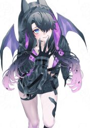 Rule 34 | 1boy, black hair, blue eyes, blush, body markings, claws, closed mouth, cosplay, cowboy shot, demon wings, fate/grand order, fate (series), fujimaru ritsuka (male), gradient hair, hood, hoodie, leaning forward, long sleeves, looking at viewer, multicolored hair, open clothes, open hoodie, partially unzipped, short hair with long locks, simple background, snake print, solo, thigh strap, urup zzz, white background, wings
