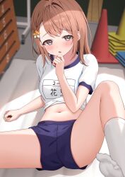 Rule 34 | 1girl, arm support, blue shorts, blurry, blush, braid, breasts, brown hair, charl2837, clothes lift, commentary request, depth of field, flower, grey eyes, gym shirt, gym shorts, gym storeroom, gym uniform, hair behind ear, hair flower, hair ornament, hanasato minori, hand on own chin, highres, indoors, kneehighs, leg up, looking at viewer, mat, medium breasts, medium hair, midriff, navel, parted lips, project sekai, reclining, shirt, shirt lift, short shorts, short sleeves, shorts, side braid, socks, solo, spread legs, stomach, sweat, t-shirt, thighs, traffic cone, vaulting horse, white shirt