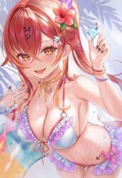 1girl absurdres arm_up armpits bare_shoulders bikini breasts choker cleavage cowboy_shot fangs flower frilled_bikini frills front-tie_bikini_top front-tie_top hair_flower hair_ornament halterneck hand_up hibiscus highres large_breasts leaning_forward long_hair looking_at_viewer multicolored_bikini multicolored_hair navel nekota_tsuna nekota_tsuna_(vspo!_summer_2024) open_mouth orange_choker orange_eyes ponytail puzzle_piece red_bikini red_hair ribbon_choker smile solo standing stomach streaked_hair string_bikini swimsuit two-tone_bikini virtual_youtuber vspo! wet white_bikini x_hair_ornament yahiro_(heartseek000)