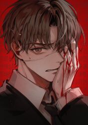 Rule 34 | 1boy, absurdres, agent choi, black jacket, black necktie, black suit, bleeding, blood, blood in hair, blood on clothes, blood on face, blood on hands, brown eyes, brown hair, collared shirt, eyepatch, formal clothes, gwechul, hand on own cheek, hand on own face, highres, jacket, korean commentary, korean text, long sleeves, looking at viewer, male focus, medical eyepatch, necktie, one eye covered, parted bangs, parted lips, red background, shirt, short hair, simple background, solo, suit, sweat, teeth, upper body, white shirt, young57440489