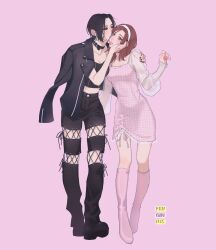 2girls black_hair black_jacket black_pants blush boots brown_hair collar dress fingernails full_body goth_fashion highres jacket kiss knee_boots komatsu_nana leather leather_jacket multiple_girls nail_polish nana_(series) osaki_nana pants penginius pink_background pink_boots pink_dress pink_lips pink_nails signature simple_background standing yuri