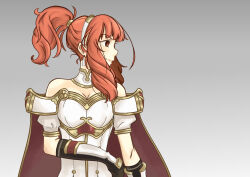 1girl absurdres alternate_hairstyle armor breastplate cape celica_(fire_emblem) choker dress earrings fingerless_gloves fire_emblem fire_emblem_echoes:_shadows_of_valentia from_side gloves high_ponytail highres jewelry long_hair nintendo orange_eyes orange_hair ponytail princess red_eyes red_hair rodc123 solo tiara white_armor white_dress