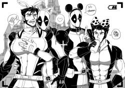 4boys animal_ears animification beard belt bodysuit can claws commentary_request company_connection deadpool deadpool_&amp;_wolverine deadpool_(series) disney disneyland dual_persona english_text facial_hair fake_animal_ears gloves hand_on_another&#039;s_waist heart height_difference highres holding holding_can index_finger_raised large_pectorals looking_at_another male_focus marvel marvel_cinematic_universe mickey_mouse_ears minnie_mouse_ears monochrome multiple_boys muscular muscular_male pectoral_grab pectorals short_hair siyi1996 spoken_heart spoken_squiggle squiggle superhero_costume teeth utility_belt wolverine_(x-men) x-men yaoi