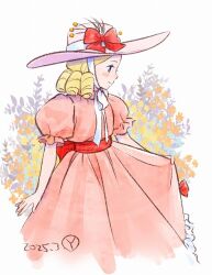 1girl back_bow belt blonde_hair blue_eyes bow chin_strap closed_mouth commentary_request dated dress flower frilled_sleeves frills hat hat_bow lisette_(the_adventures_of_tom_sawyer) medium_hair orange_flower pink_dress pink_hat plant puffy_short_sleeves puffy_sleeves red_belt red_bow ringlets sakai_yume short_sleeves signature skirt_hold smile solo standing sun_hat the_adventures_of_tom_sawyer white_bow