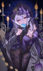 1girl absurdres aichinaigai bare_shoulders black_gloves black_swan_(honkai:_star_rail) blue_flower blue_rose bodystocking breasts candle card cleavage covered_navel dress elbow_gloves floating flower gloves grey_hair hair_between_eyes highres holding holding_flower honkai:_star_rail honkai_(series) large_breasts long_hair purple_dress purple_gloves rose sleeveless sleeveless_dress solo veil very_long_hair yellow_eyes
