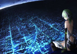 1girl bad_id bad_pixiv_id city_lights cityscape elbow_gloves female_focus gloves green_eyes green_hair highres matching_hair/eyes original revision short_hair solo solru thighhighs urban