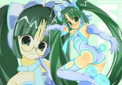 1girl :3 ass boots breasts elbow_gloves glasses gloves green_eyes green_hair highres leotard long_hair looking_at_viewer multiple_views neon_trim original round_eyewear small_breasts smile thigh_boots twintails veloexotica very_long_hair