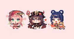 Rule 34 | 3girls, :d, black dress, black hair, black hat, brown hair, brown jacket, chibi, chibi only, dress, genshin impact, guoba (genshin impact), hair between eyes, hat, holding, holding polearm, holding weapon, hu tao (genshin impact), jacket, long hair, marutaruuu, multiple girls, open mouth, pink background, pink hair, pixel art, polearm, red eyes, red hat, smile, staff of homa (genshin impact), very long hair, weapon, xiangling (genshin impact), xiezhi guan, yanfei (genshin impact), yellow eyes