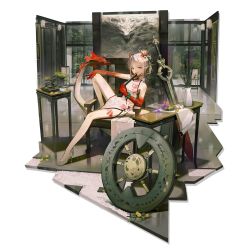 1girl arknights bare_legs bare_shoulders bead_bracelet beads bonsai bracelet chair china_dress chinese_clothes dress folded_fan folding_fan hand_fan high_heels highres holding holding_fan horns huanxiang_heitu jewelry looking_at_viewer medium_hair multicolored_hair nian_(arknights) nian_(unfettered_freedom)_(arknights) official_alternate_costume official_art purple_eyes red_hair silver_hair sitting sleeveless sleeveless_dress smile solo streaked_hair sword tail thighs transparent_background weapon white_dress white_footwear