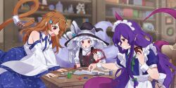 Rule 34 | 3girls, akagashi hagane, alternate costume, alternate hairstyle, animal ears, black hat, black vest, blue skirt, board game, bow, braid, brown hair, card, circlet, comedic sweatdrop, commentary, cookie, cosplay, detached sleeves, dog ears, dog girl, dog tail, dress, english commentary, enmaided, food, frog hair ornament, game cg, green bow, grin, hair bow, hair ornament, hat, hat bow, hat ornament, highres, holding, holding card, horns, indoors, izayoi sakuya, izayoi sakuya (cosplay), kirisame marisa, kirisame marisa (cosplay), kochiya sanae, kochiya sanae (cosplay), long hair, long tail, maid, maid headdress, maneki-neko, mitsugashira enoko, monkey girl, monkey tail, multicolored hair, multiple girls, multiple tails, official art, open mouth, playing games, pointy ears, puffy short sleeves, puffy sleeves, purple dress, purple hair, purple horns, purple tail, red eyes, short sleeves, side braid, single braid, single horn, sitting, skirt, smile, son biten, star (symbol), star hat ornament, sweat, table, tail, tenkajin chiyari, third-party source, touhou, touhou lostword, twin braids, two-tone hair, vest, white bow, white hair, witch hat, wrist cuffs