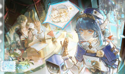 Rule 34 | &gt; &lt;, 1boy, 1girl, absurdres, alternate costume, android, birgitta (genshin impact), blonde hair, blue eyes, blue hair, blue hat, book, chibi, chibi inset, chinese commentary, closed mouth, commentary request, cup, desk, envelope, expressionless, genshin impact, hat, highres, holding, holding cup, holding envelope, indoors, ineffa (genshin impact), inkwell, iron hailai, joints, long sleeves, mechanical arms, mug, paper, postage stamp, robot, robot ears, robot girl, robot joints, shirt, short hair, sidelocks, sitting, smile, spoken character, table, varka (genshin impact), vest, white shirt, window, winter clothes