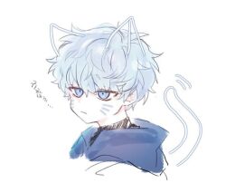 1boy animal_ears black_shirt blue_eyes blue_hair blue_sweater cat_ears cat_tail closed_mouth khun_ran male_focus medium_hair messy_hair serious shirt simple_background solo sweater tail tower_of_god white_background