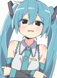 1girl absurdres aqua_eyes auhuheben17 bare_shoulders black_eyes black_sleeves detached_sleeves grey_shirt hatsune_miku highres open_mouth shirt simple_background smile solo vocaloid white_background