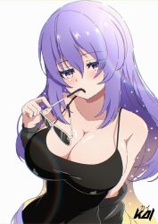 Rule 34 | 1girl, artist logo, black dress, blonde hair, breasts, cleavage, collarbone, dress, gradient hair, hair between eyes, highres, hololive, hololive indonesia, kaiyen, large breasts, logo, long hair, long sleeves, moona hoshinova, multicolored hair, purple eyes, purple hair, solo, star (symbol), sunglasses, virtual youtuber