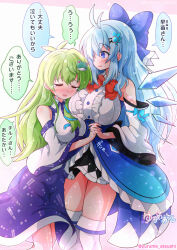 2girls adapted_costume alternate_breast_size alternate_costume alternate_hair_length alternate_hairstyle antenna_hair bare_shoulders blue_bow blue_eyes blue_skirt bow breasts cirno closed_eyes collared_shirt commentary_request crying detached_sleeves dress frills frog_hair_ornament green_hair hair_bow hair_ornament highres holding_hands kochiya_sanae large_breasts long_hair long_sleeves multiple_girls open_mouth patterned_clothing print_skirt red_bow shirt simple_background single_sidelock skirt skirt_set sleeve_bow sleeve_ribbon sleeveless sleeveless_shirt snake_hair_ornament speech_bubble thighhighs thighs touhou translation_request twitter_username white_background wide_sleeves yurume_atsushi