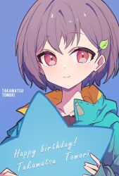 1girl absurdres bang_dream! bang_dream!_it&#039;s_mygo!!!!! blue_background blue_jacket blush brown_eyes character_name chinese_commentary closed_mouth commentary_request english_text grey_hair hair_ornament happy_birthday highres holding jacket leaf_hair_ornament looking_at_viewer short_hair simple_background solo star_(symbol) takamatsu_tomori upper_body zhong_xiansheng zipper_pull_tab