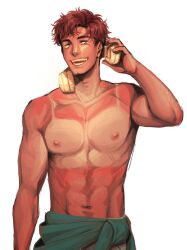 1boy abs alex_(stardew_valley) artist_name bara brown_hair clothes_around_waist collarbone commentary dedousiki english_commentary green_eyes headphones heat_stroke_photoshoot_(meme) highres looking_at_viewer male_focus meme navel nipples open_mouth pectorals photo-referenced simple_background smile solo stardew_valley tan tanline teeth toned toned_male topless_male upper_body watermark white_background