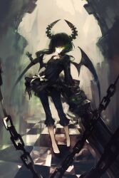 Rule 34 | 1girl, absurdres, arm cannon, black dress, black hair, black leggings, black rock shooter, black wings, chain, checkered floor, dead master, dress, flaming eye, green eyes, high heels, highres, horns, leggings, medium hair, mochi muse, rock cannon, solo, weapon, wings
