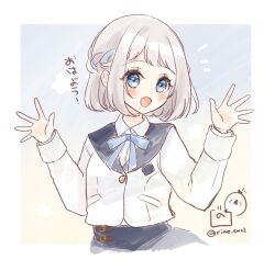 1girl :d black_skirt blue_bow blue_eyes blush bow braid collared_shirt commentary_request dress_shirt gakuen_idolmaster grey_hair hands_up idolmaster jacket katsuragi_lilja notice_lines open_mouth rino_cnc shirt short_hair skirt smile solo translation_request twitter_username white_jacket white_shirt