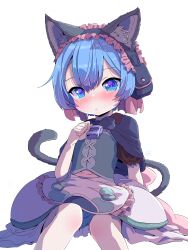 Rule 34 | 1boy, absurdres, animal ears, artist logo, blue eyes, blue hair, blush, cat ears, cat tail, closed mouth, fake animal ears, hair between eyes, hand up, highres, logo, looking at viewer, made in abyss, male focus, maruruk, sekaineko 001, short hair, short sleeves, simple background, solo, tail, trap, whistle, whistle around neck, white background