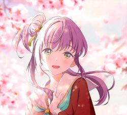 1girl :d absurdres aqua_neckerchief blurry blurry_background brown_dress cherry_blossoms commentary_request dress flower green_eyes hair_bun hair_flower hair_intakes hair_ornament hasu_no_sora_school_uniform highres kujo_awenn link!_like!_love_live! long_sleeves looking_at_viewer love_live! neckerchief open_mouth otomune_kozue portrait purple_hair red_flower sailor_collar sailor_dress school_uniform side_ponytail sidelocks single_side_bun smile solo tassel tassel_hair_ornament teeth upper_teeth_only virtual_youtuber white_sailor_collar winter_uniform