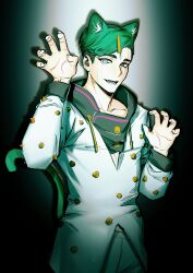 Rule 34 | 1boy, absurdres, animal ears, black hood, blue eyes, cat ears, cat tail, claw pose, commentary request, green hair, green tail, green theme, hair ornament, higashikata jobin, highres, hood, hood down, jacket, jojo no kimyou na bouken, jojolion, kemonomimi mode, long bangs, long sleeves, looking at viewer, male focus, open mouth, pants, scar, scar on face, smile, solo, spiked clothes, spiked jacket, spotlight, tail, white jacket, white pants, xiaorong