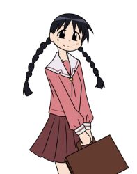 Rule 34 | 1girl, azumanga daioh&#039;s school uniform, azumanga daiou, bag, black eyes, black hair, braid, brown bag, farhan melukis, handbag, holding, holding bag, long hair, looking at viewer, maroon skirt, pink shirt, pleated skirt, rachel handlebarz, sailor collar, school uniform, shirt, skirt, smile, twin braids, white background, white sailor collar, white sleeve cuffs