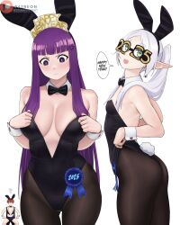 1boy 2025 2girls absurdres alternate_costume anger_vein animal_ears artist_name ass black_bow black_bowtie black_hair black_leotard black_pantyhose bow bowtie breasts commentary detached_collar dismaiden elf english_commentary english_text eye_mask fake_animal_ears fake_tail fern_(sousou_no_frieren) frieren green_eyes grey_hair highres large_breasts leotard long_hair multicolored_hair multiple_girls pantyhose patreon_logo patreon_username playboy_bunny pointy_ears purple_eyes purple_hair rabbit_ears rabbit_tail red_hair simple_background sousou_no_frieren speech_bubble stark_(sousou_no_frieren) strapless strapless_leotard tail twintails two-tone_hair white_background wrist_cuffs
