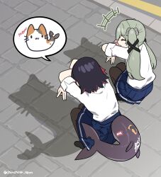 2girls absurdres black_hair black_pantyhose blue_skirt cat_shadow_puppet_(meme) closed_eyes colored_inner_hair commentary_request corin_wickes ellen_joe ellen_joe_(on_campus) fins fish_tail grey_hair highres korean_commentary long_hair multicolored_hair multiple_girls ooyun pantyhose red_hair school_uniform shark_girl shark_tail shirt short_hair skirt spoken_animal squatting tail twintails white_shirt zenless_zone_zero
