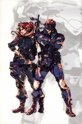 Rule 34 | 1boy, 1girl, absurdres, aiming, assault rifle, bandana, belt, boots, chris jenner, elbow pads, gun, hand on own hip, handgun, headband, highres, holding, holding gun, holding weapon, holster, knee pads, legs apart, long hair, looking back, metal gear: ghost babel, metal gear (series), military, official art, over shoulder, promotional art, red hair, rifle, shinkawa youji, smile, sneaking suit, solid snake, thigh holster, utility belt, weapon
