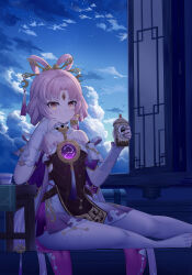 1girl absurdres apron bare_shoulders bench bird bubble_tea chinese_clothes cloud cloudy_sky constellation cup facial_mark feet forehead_mark fu_xuan_(honkai:_star_rail) gold_trim gradient_eyes hand_on_own_cheek hand_on_own_face highres holding holding_cup honkai:_star_rail honkai_(series) light_blush light_smile looking_at_food low_twintails multicolored_eyes on_bench pink_hair pink_ribbon pink_rope ribbon rope sitting sky skym_(kumei) smile solo table tablecloth tassel teacup thighhighs thighs twintails waist_apron white_sleeves white_thighhighs wooden_bench wooden_table