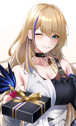 1girl absurdres black_collar black_nails blonde_hair blue_eyes blush box breasts cleavage collar collarbone earrings gift gift_box highres holding holding_box honkai:_star_rail honkai_(series) jewelry kirisamede_gzr long_hair multicolored_hair one_eye_closed purple_hair serval_landau smile solo streaked_hair upper_body white_background