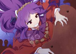 1girl absurdres animal_ears clenched_teeth earrings giant_salamander glaring highres jewelry kanisawa_yuuki long_hair lotus_eaters official_alternate_costume purple_hair red_eyes solo teeth touhou upper_body vore wide_sleeves yasaka_kanako