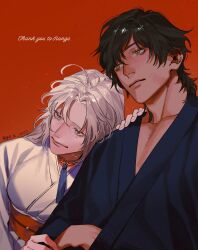 1boy 1girl absurdres ahoge artist_name asymmetrical_bangs black_hair blue_kimono borrowed_character breasts choker closed_mouth collarbone commission commissioner_name english_text eyelashes fingernails from_side go_e_0000 hair_between_eyes hand_in_clothes hand_on_another&#039;s_shoulder head_tilt highres japanese_clothes kimono leaning_on_person lips long_hair long_sleeves looking_ahead medium_breasts mole mole_under_eye mullet nose o-ring o-ring_choker obi orange_background original parted_hair pectoral_cleavage pectorals red_sash sash simple_background skeb_commission tassel tassel_choker thank_you upper_body white_hair white_kimono yellow_eyes