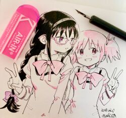 2girls akemi_homura art_tools_in_frame black_hair bow bowtie braid collared_shirt cropped_torso dated dot_nose expressionless fingernails glasses grey_hairband grin hair_bow hair_ribbon hairband happy heads_together height_difference high_collar highres jewelry juliet_sleeves kaname_madoka lace-trimmed_sleeves lace_trim light_blush long_hair long_sleeves looking_at_another looking_at_viewer low_twin_braids mahou_shoujo_madoka_magica mahou_shoujo_madoka_magica_(anime) mitakihara_school_uniform multiple_girls nib_pen_(medium) no+bi= parted_lips pen_(medium) photo_(object) pink-framed_eyewear pink_bow pink_bowtie pink_eyes pink_hair pink_ribbon pocket puffy_sleeves purple_bow purple_eyes ribbon ring school_uniform shirt short_hair signature sleeve_cuffs smile studded_hairband tareme traditional_media twin_braids very_long_hair white_shirt